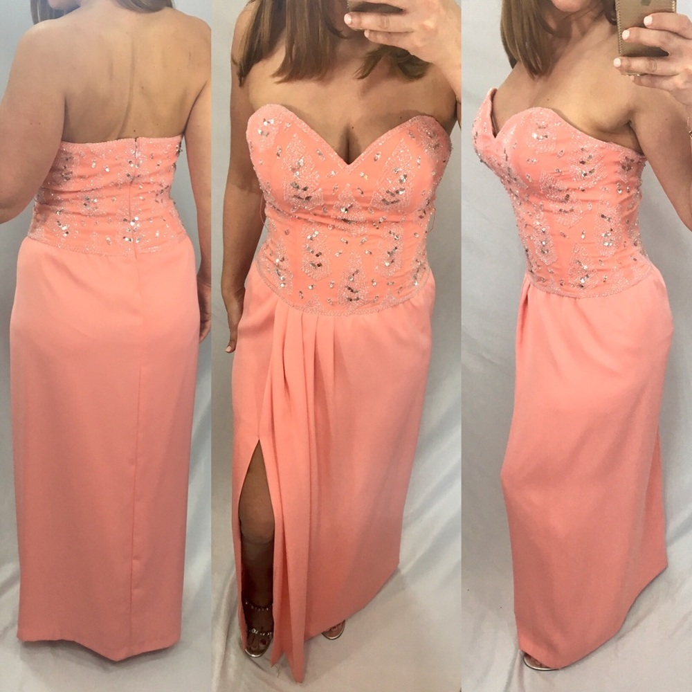 Peachy strapless Gown with silver sequins. Size 8
